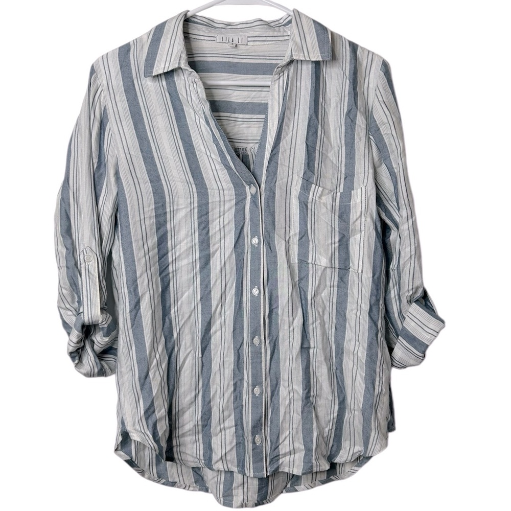 Lila Li Women’s Small Catena White Striped Henley Roll-Tab Sleeve‎ Casual Blouse